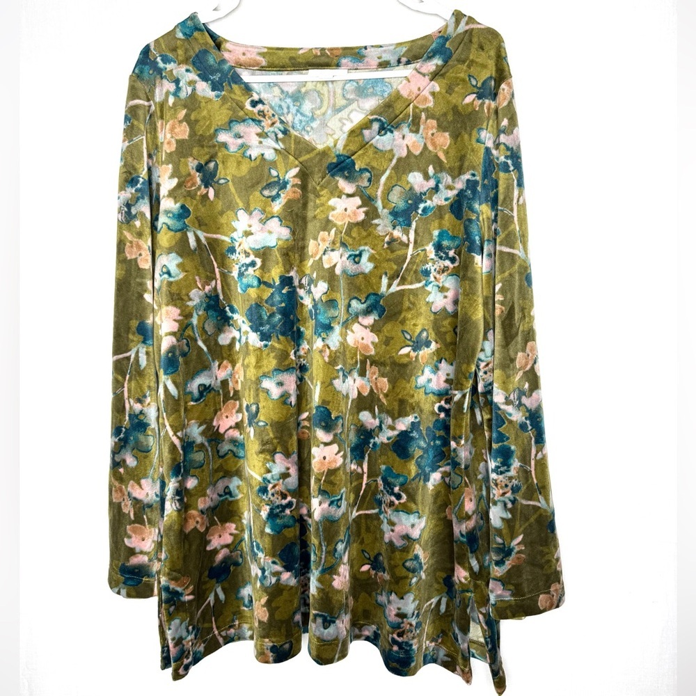 Pure J Jill Velour V Neck Popover Top Sz L Floral Artsy Stretch Church Mature